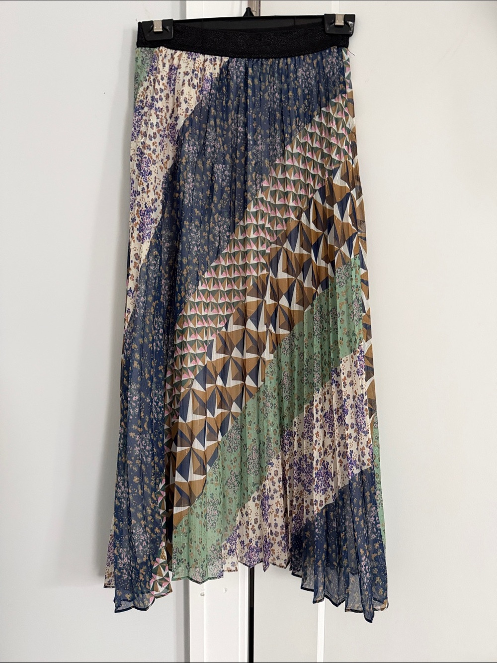 Pleated Midi Skirt in Navy, Green & Brown
